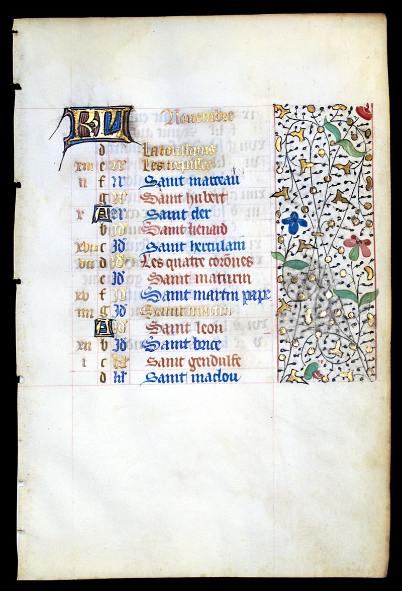 c 1450-75 Book of Hours Calendar Leaf for November