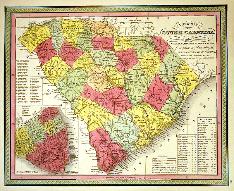 ''A New Map of South Carolina...'' Mitchell, c. 1847