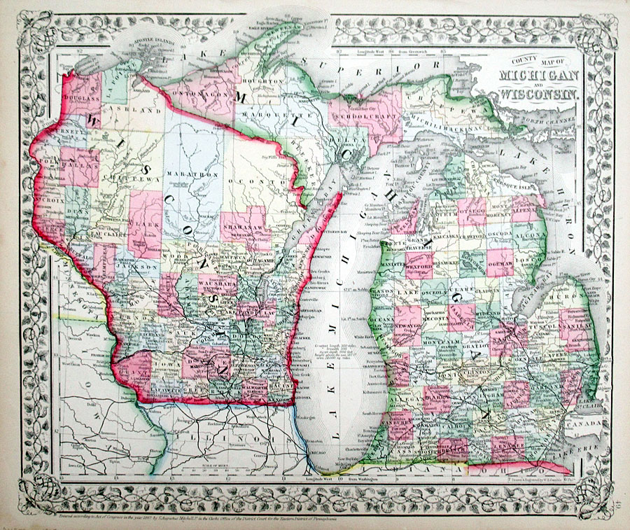 c 1867 Mitchell map of Michigan and Wisconsin