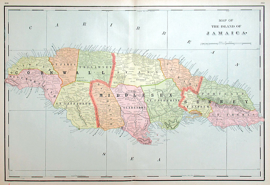 c 1890 Walker Map of the Island of Jamaica