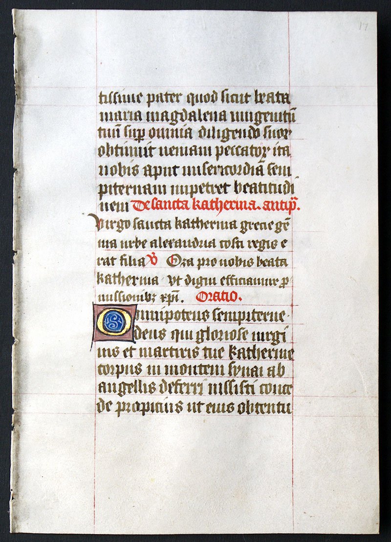 A Medieval Book of Hours Leaf - c 1450 - Sarum Use - Katherine
