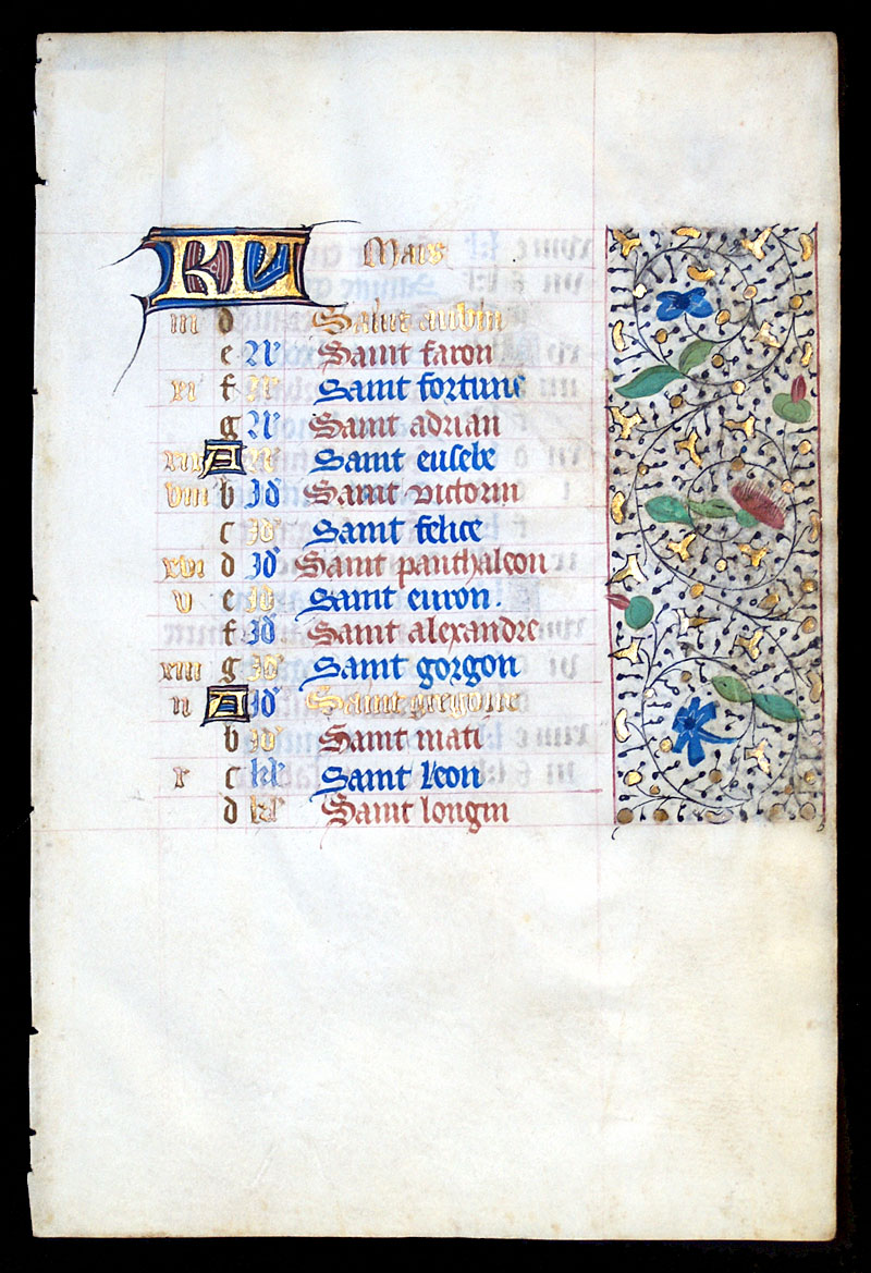 c 1450-75 Book of Hours Calendar Leaf for March