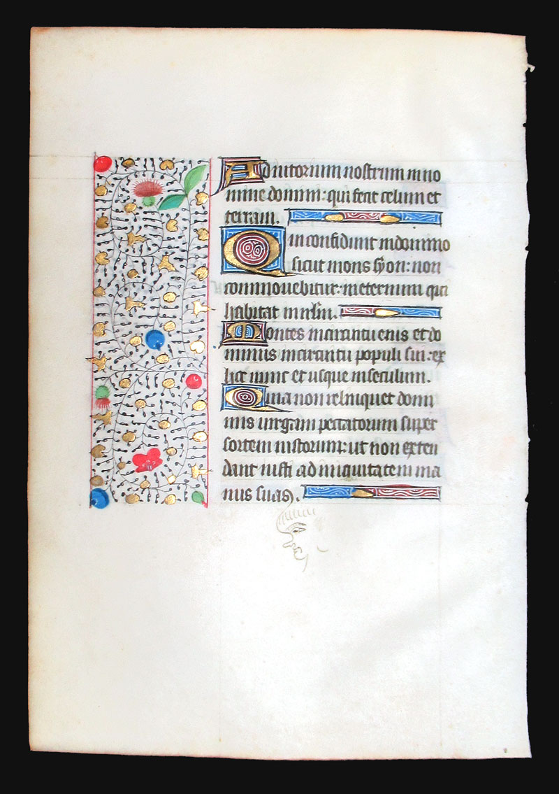 c 1450-75 Book of Hours Leaf - Face in margin - Psalms