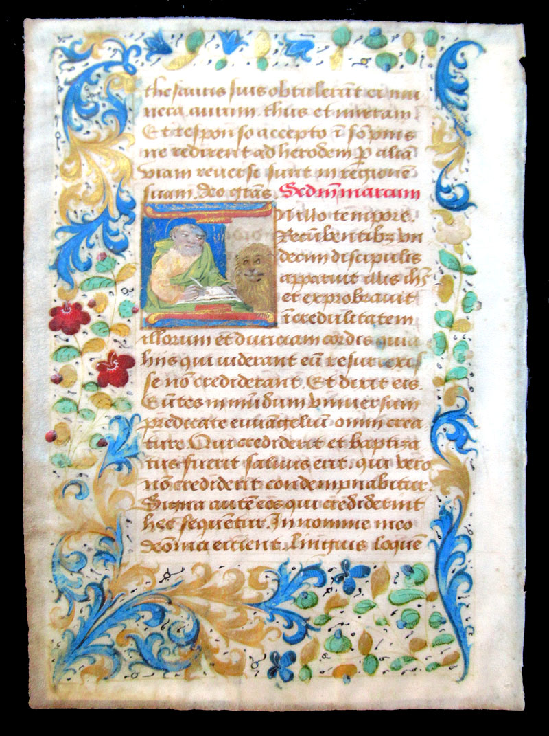 c 1450 Book of Hours Leaf - Saint Mark writing his Gospel