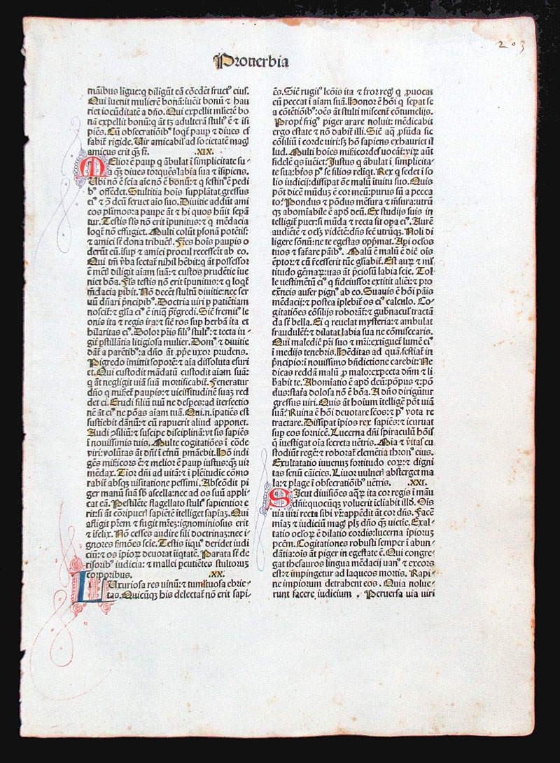 1479 Printed & hand-illuminated Jenson Bible Leaf - Proverbs