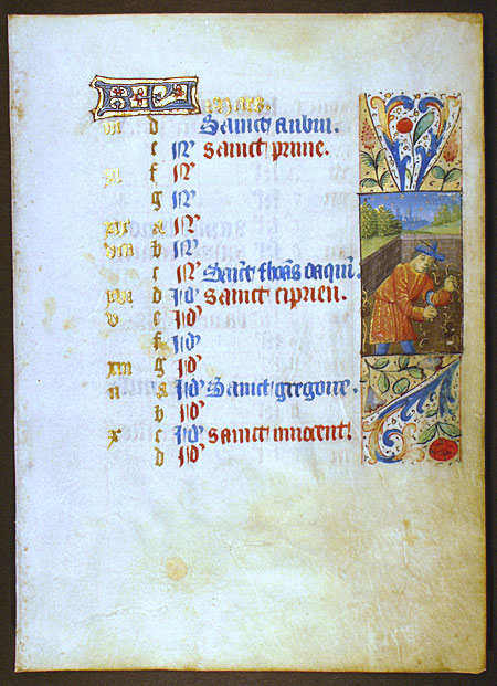 c 1460 Book of Hours Calendar Leaf for March