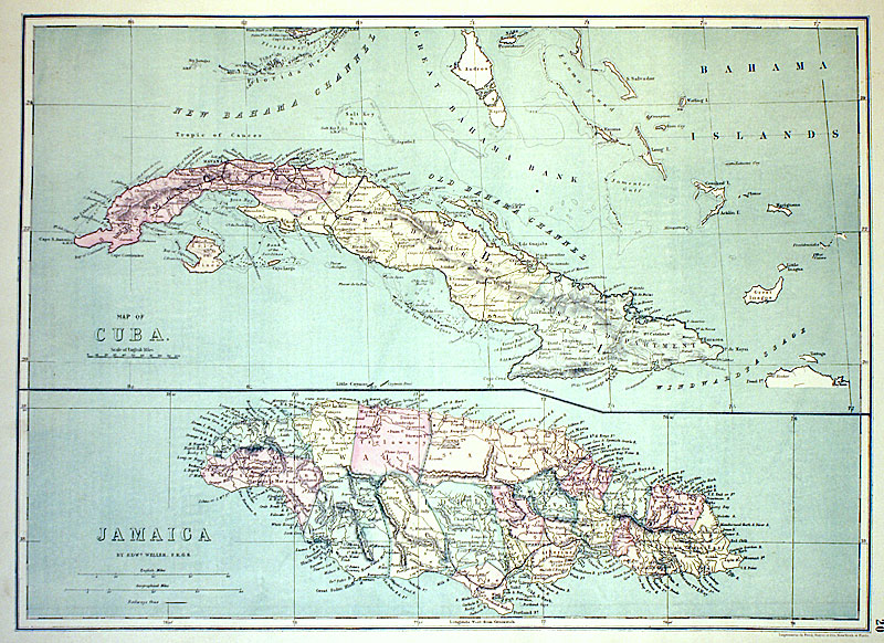 c 1873 MAP OF CUBA and JAMAICA  - Williams