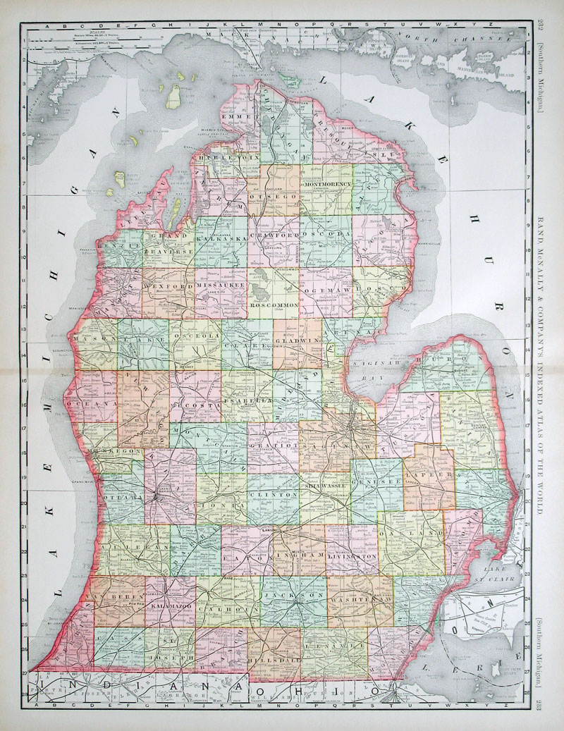 c 1898 large Rand, McNally Map of Michigan