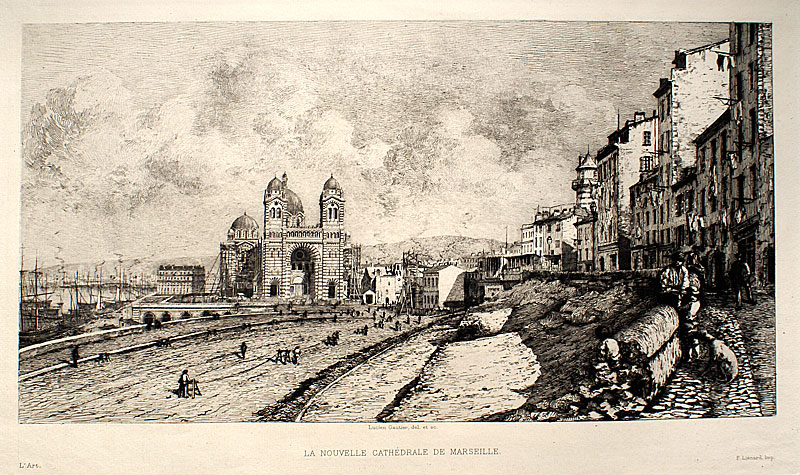 c 1868 Original Etching - Nouvelle Cathedrale de Marseille