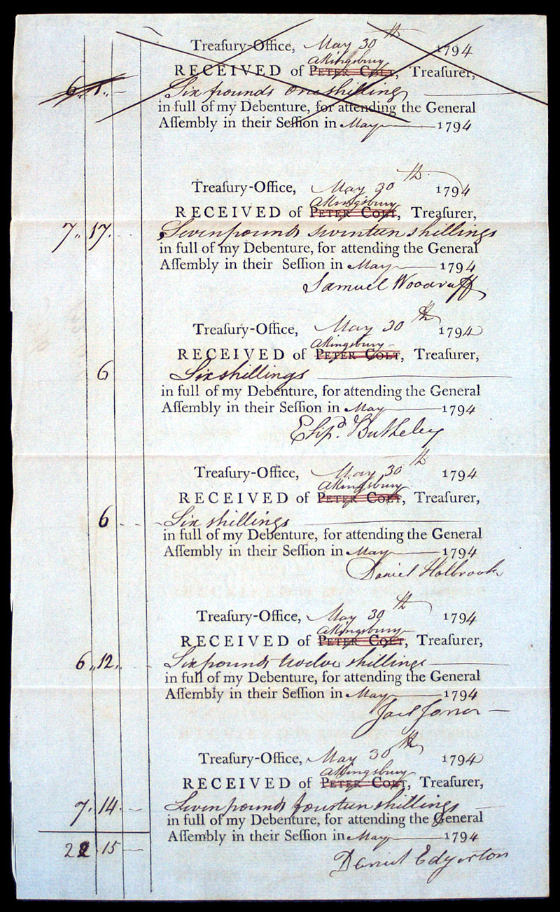 1794 - Five  Receipts for Service in CT General Assembly