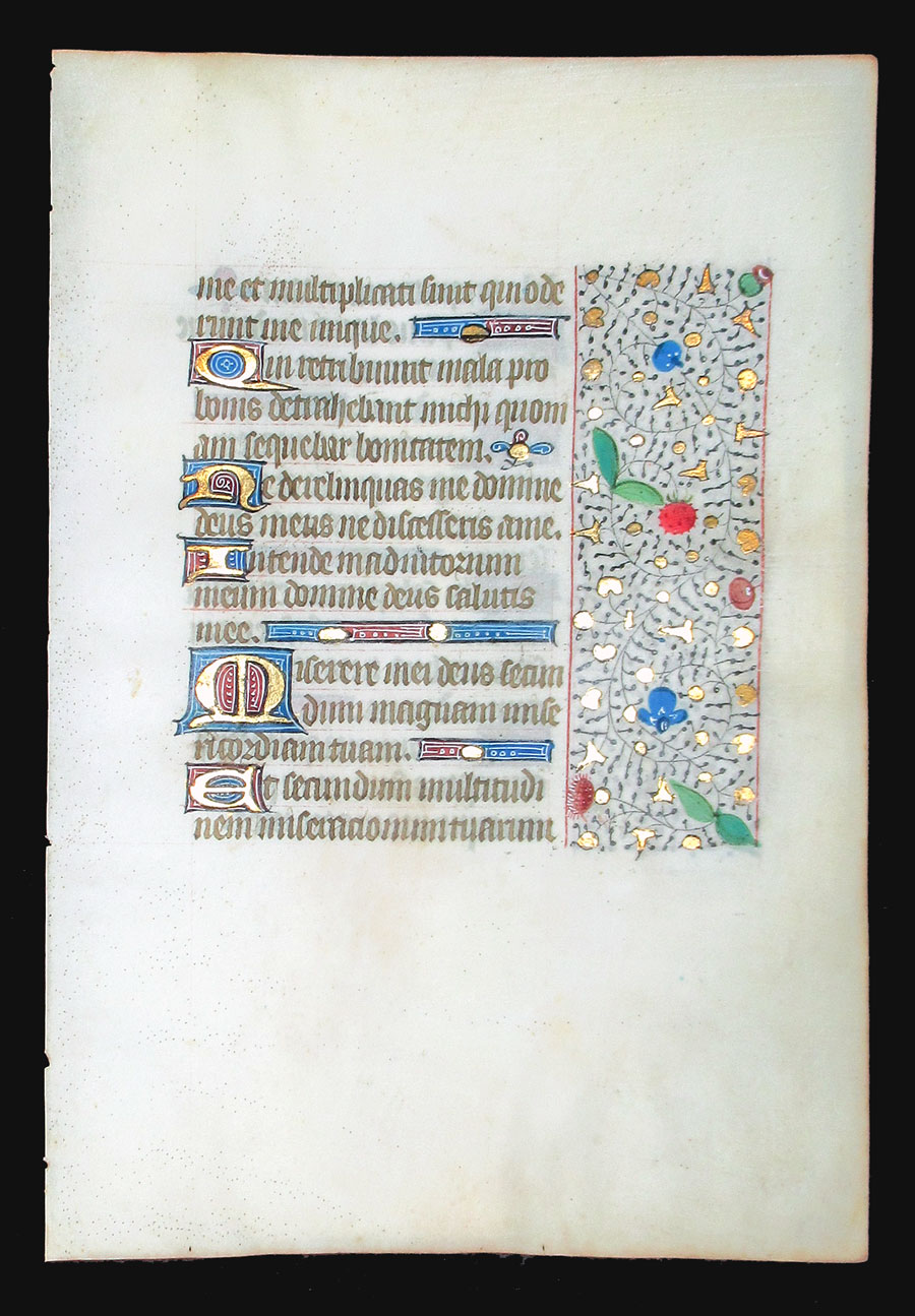 c 1450-75 Book of Hours leaf - Beautiful border - Psalms