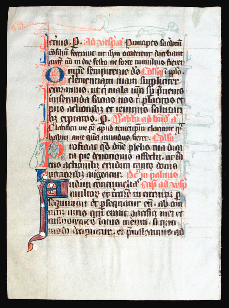 c 1280 Breviary Leaf - Two whimsical creatures in margins
