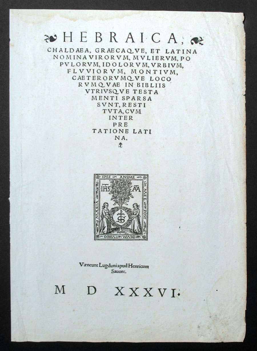 1536 Printed Lyon Bible Title Page, Crespin/Savore
