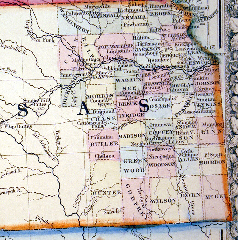 MAP OF KANSAS, NEBRASKA AND COLORADO... c. 1864 Mitchell [M9463