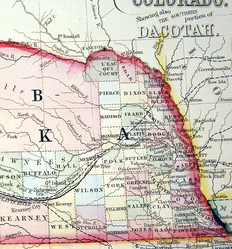 MAP OF KANSAS, NEBRASKA AND COLORADO... c. 1864 Mitchell [M9463