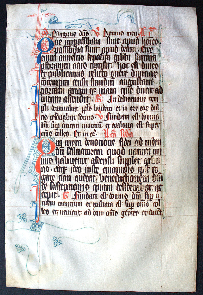 Medieval Breviary Leaf c 1280 - whimsical creature in margin