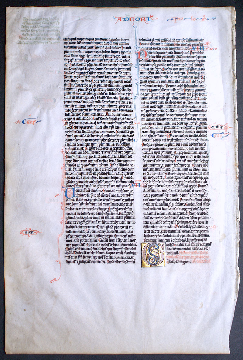 Medieval Bible Leaf c 1225-50 - II Corinthians Stork in Initial