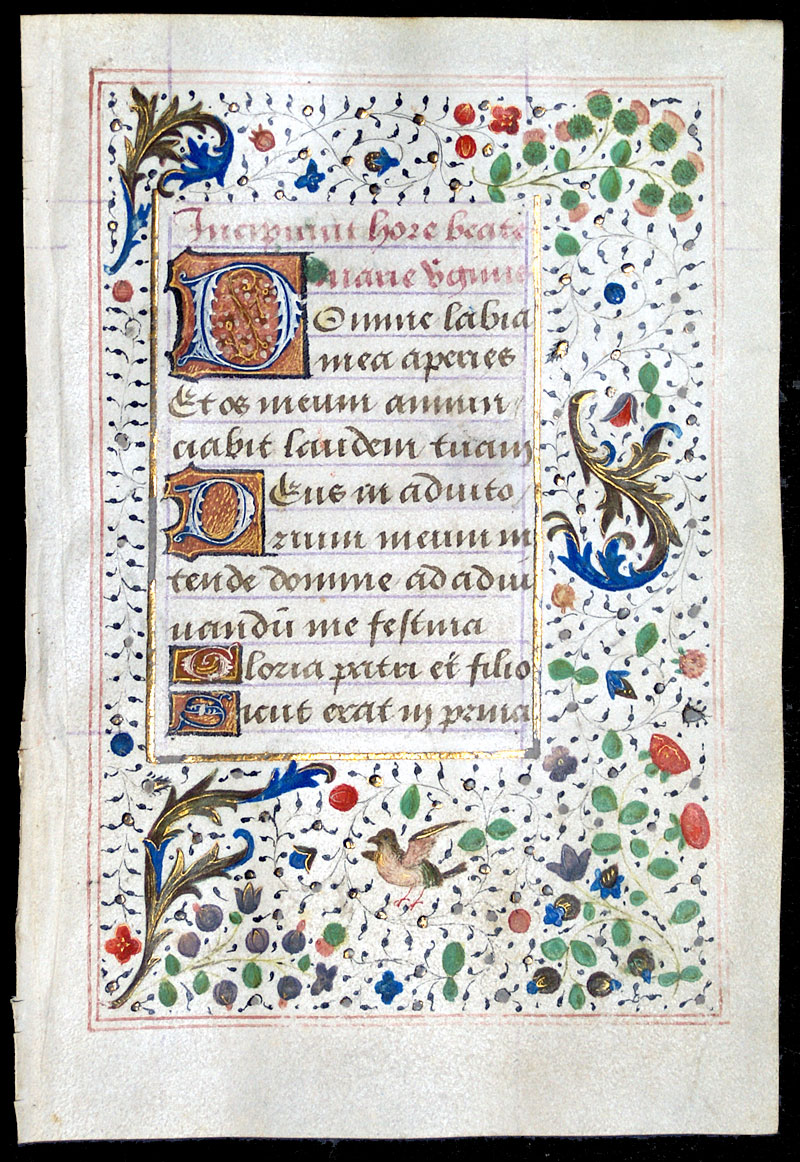 A Book of Hours Leaf, c 1485 - Border with bird & flowers
