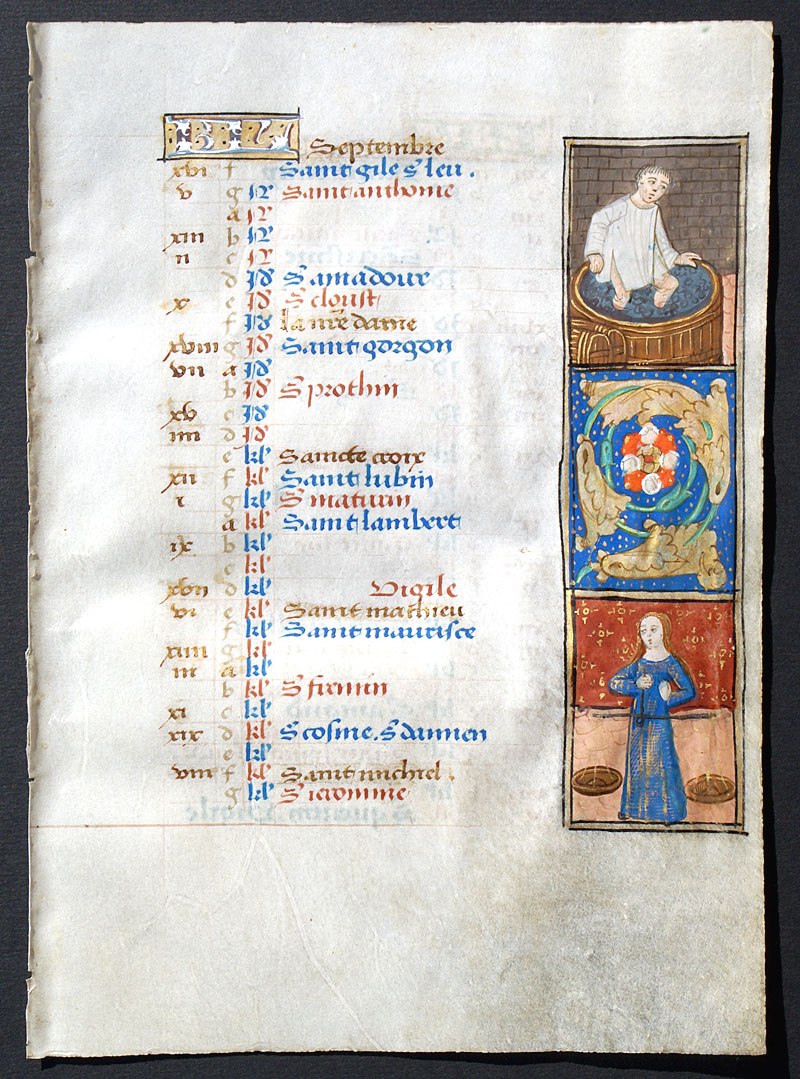 c 1490-1510 Book of Hours Calendar Leaf for Sept & October