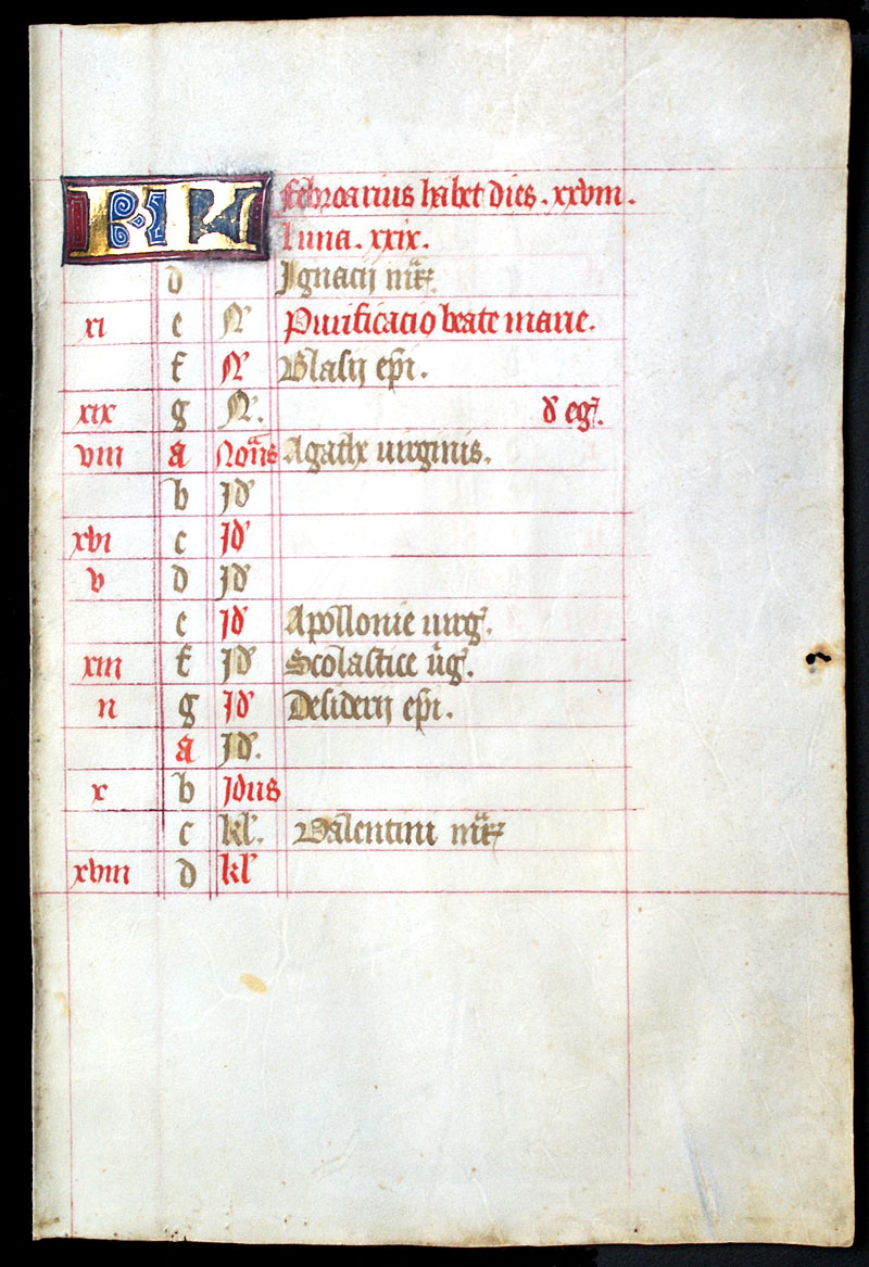 c 1460 February Book of Hours Calendar Leaf, France