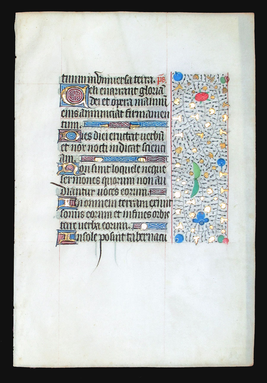 c 1450-75 Book of Hours leaf - Beautiful border - Psalms