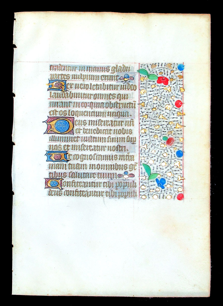 c 1450-75 Book of Hours leaf - Beautiful border - Psalms