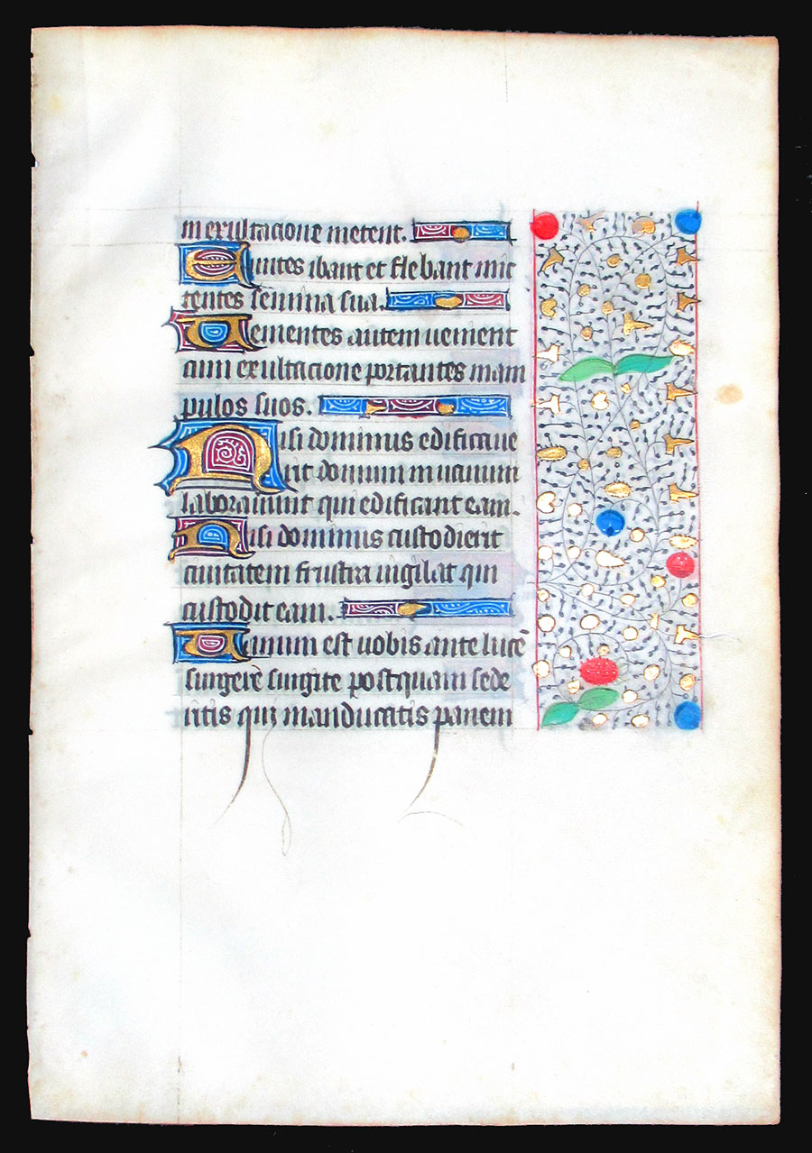 c 1450-75 Book of Hours leaf - Beautiful border - Psalms