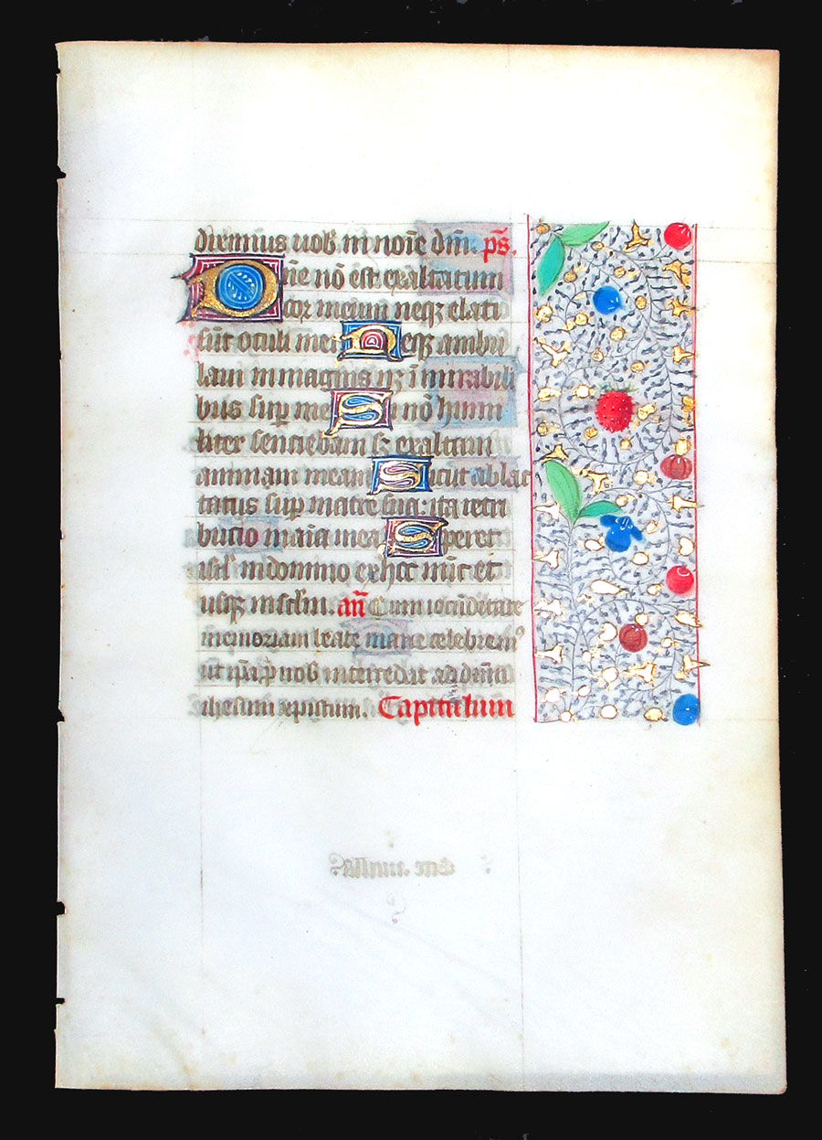 c 1450-75 Book of Hours leaf - Beautiful border - Psalms