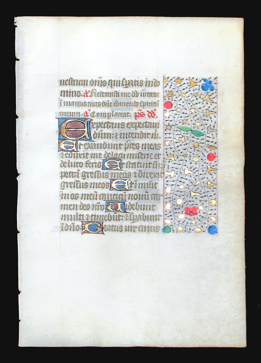 c 1450-75 Book of Hours leaf - Beautiful border - Psalm
