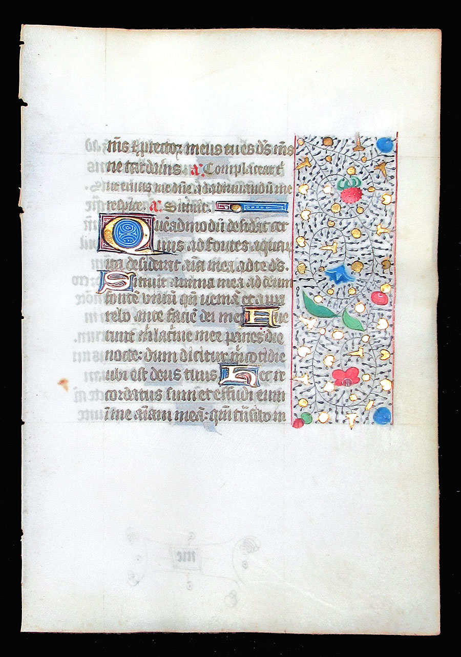 c 1450-75 Book of Hours leaf - Beautiful border - Psalm