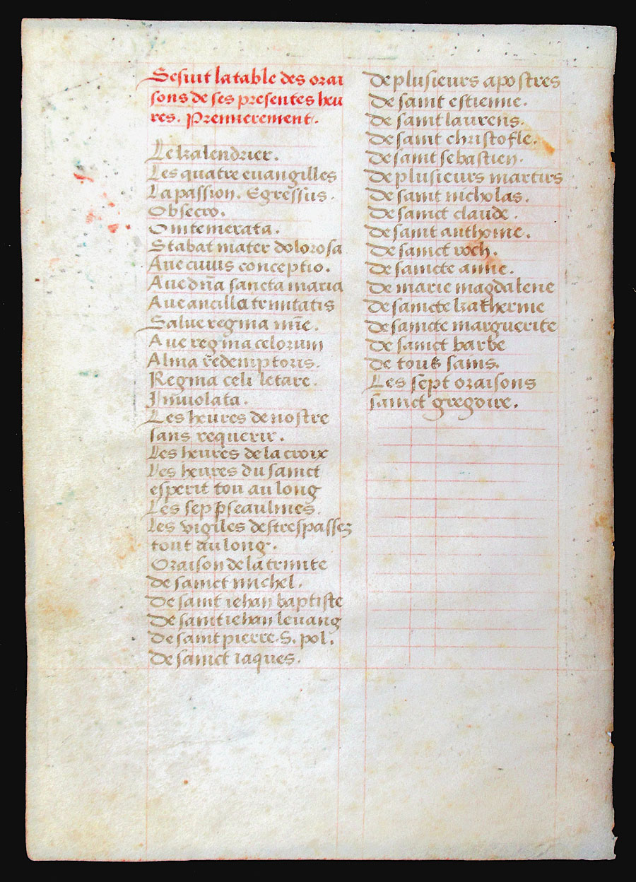 c 1470-90 Book of Hours Table of Contents leaf