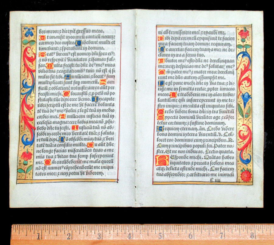c 1532 Book of Hours Leaves - Continuous Bifolium 4 pgs 2 leaves