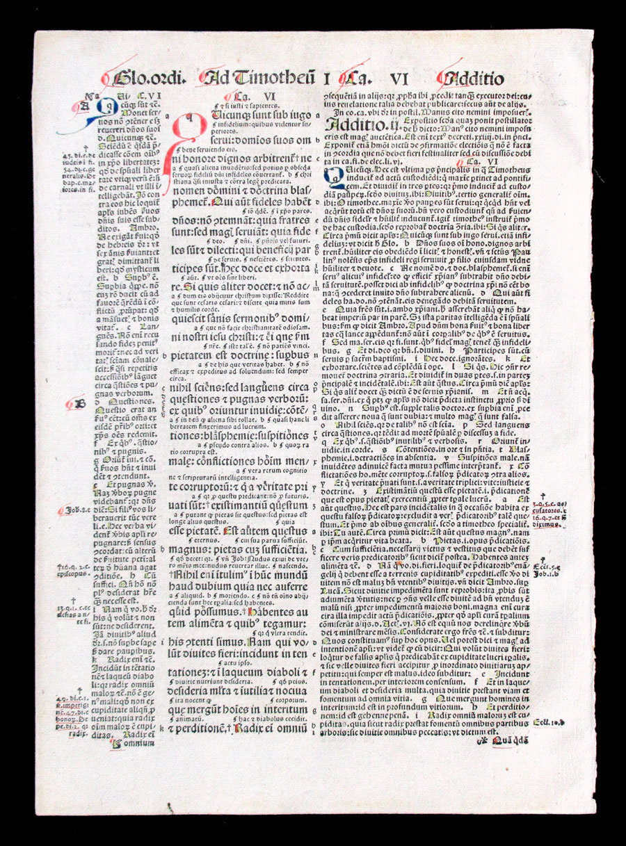 1498 Incunabula Bible Leaf - I Timothy