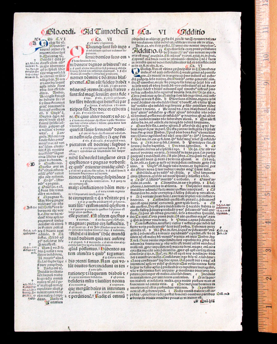 1498 Incunabula Bible Leaf - I Timothy