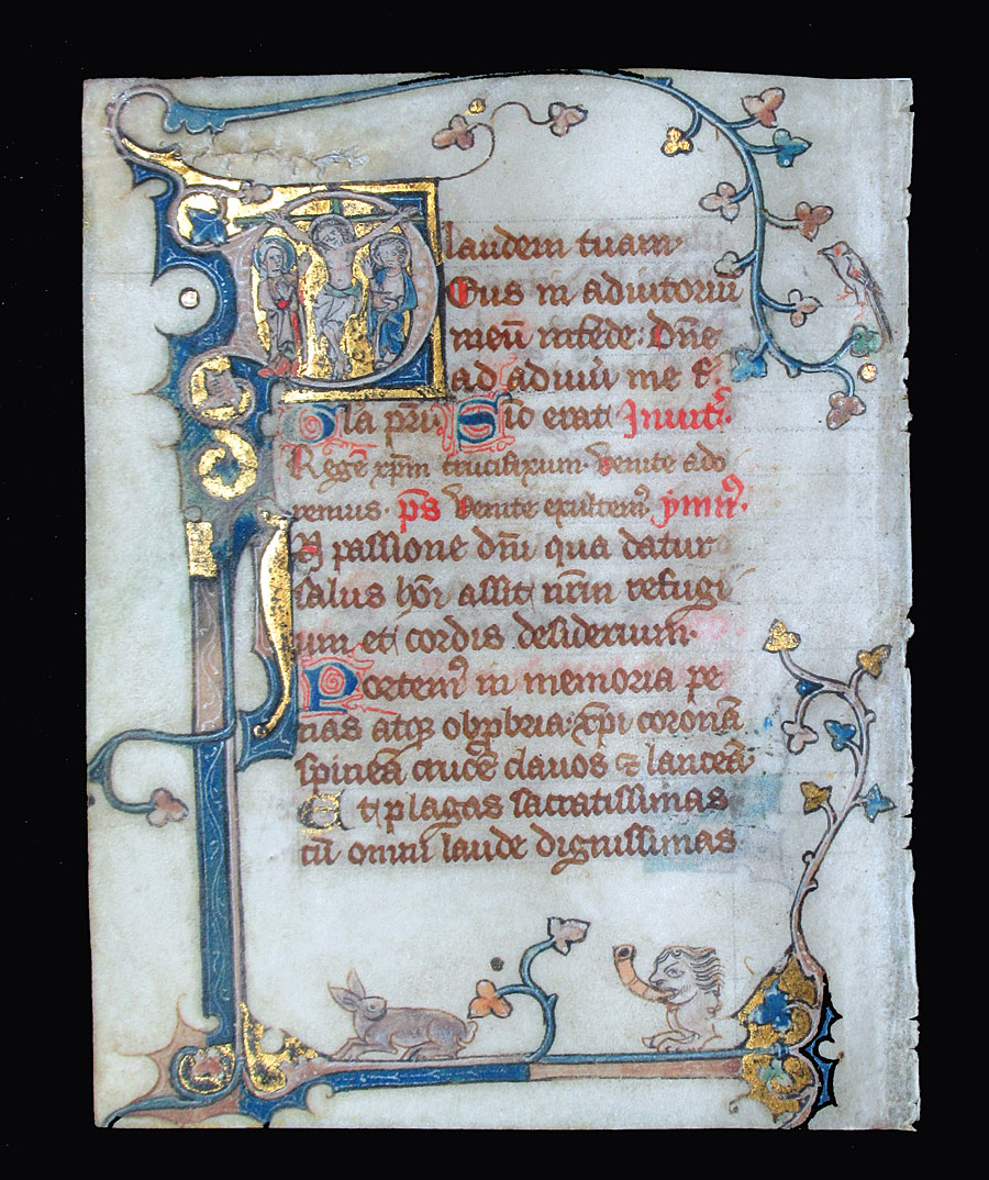 c 1280-1300 Psalter-Hours Leaf - Crucifixion - Margin Creatures