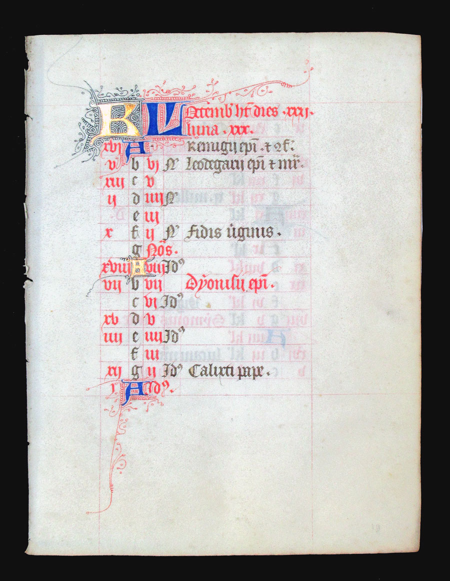 c 1425-50 Book of Hours Calendar Leaf for October