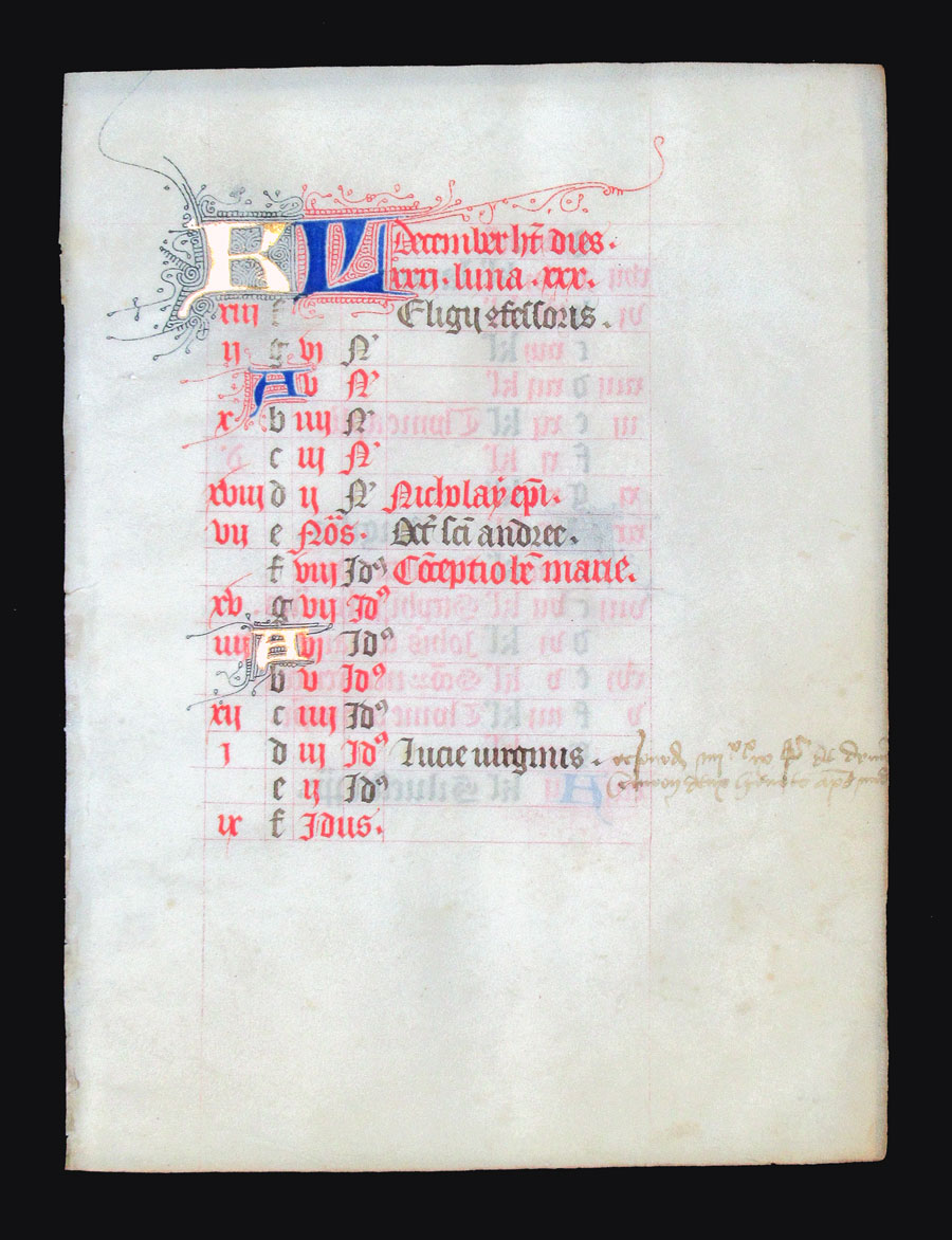 c 1425-50 Book of Hours Calendar Leaf for December