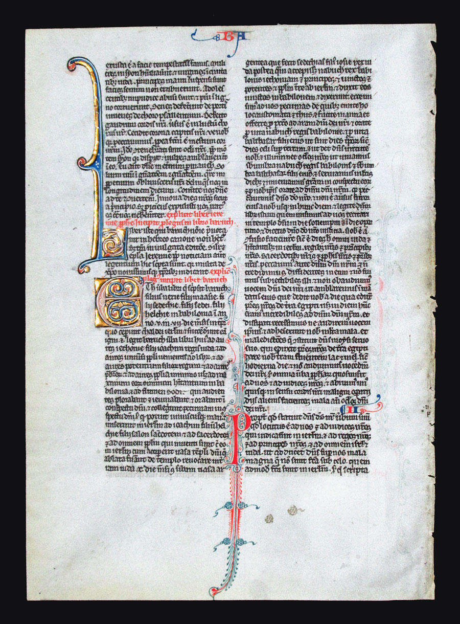 c 1250 Bible Leaf - Lamentations & Baruch - Illuminated Initials