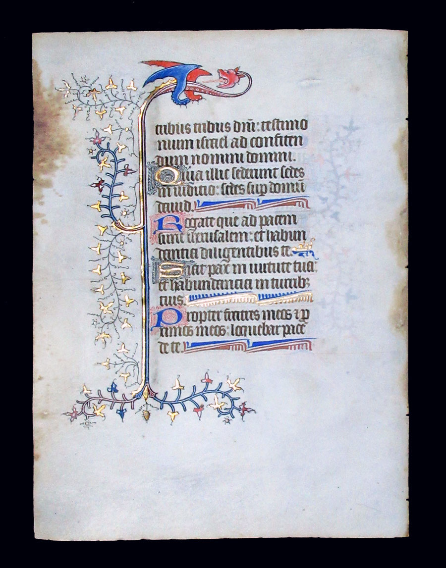 c 1370 Book of Hours Leaf with fire-breathing dragon!
