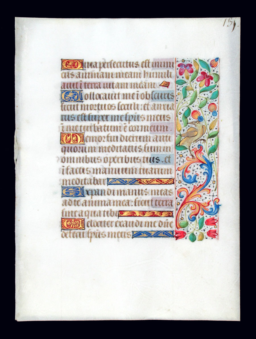 c 1480 Book of Hours Leaf - Birds & Flowers in Borders