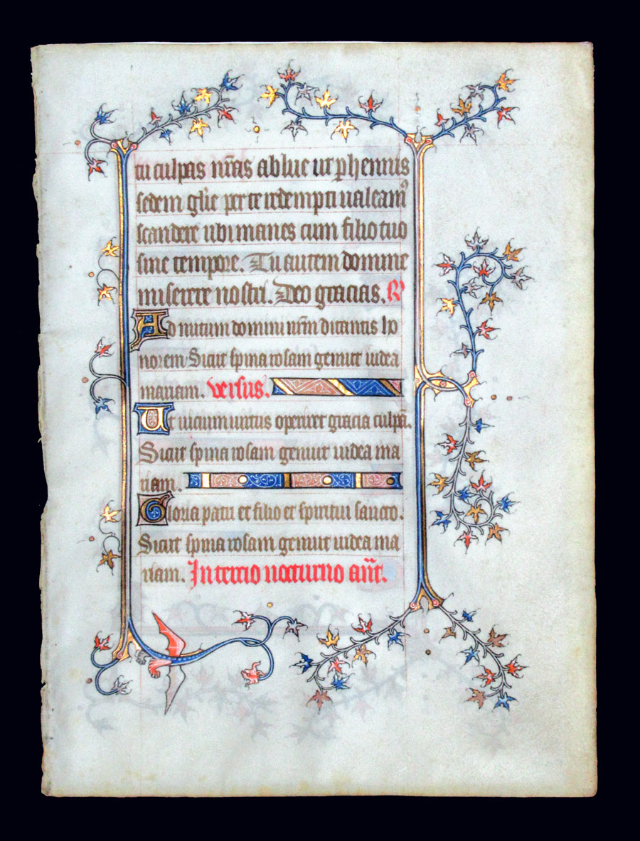 c 1375-1400 Book of Hours Leaf - Elegant borders - winged dragon