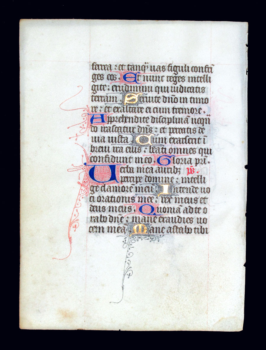 c 1425-50 Book of Hours Leaf - Illuminated Letters - Psalms