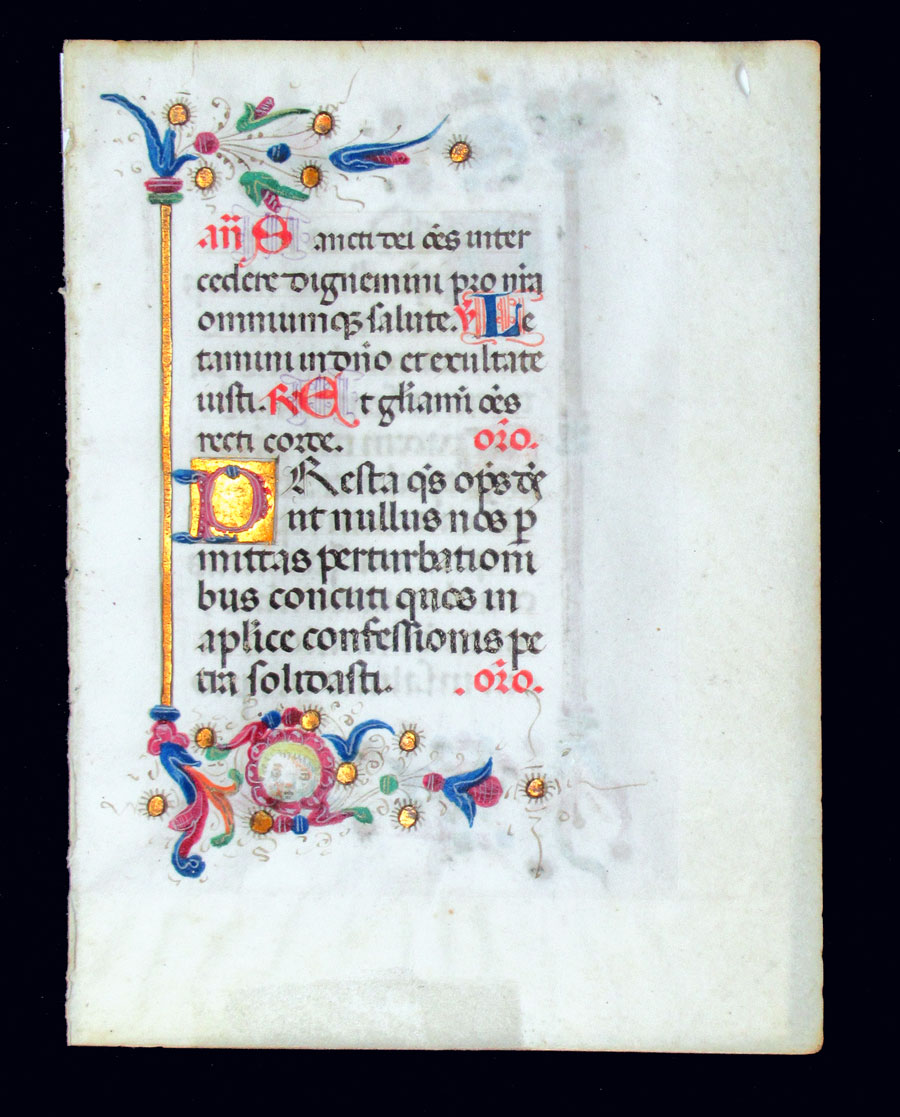 c 1460 Book of Hours Leaf - Face in Flower - Italy