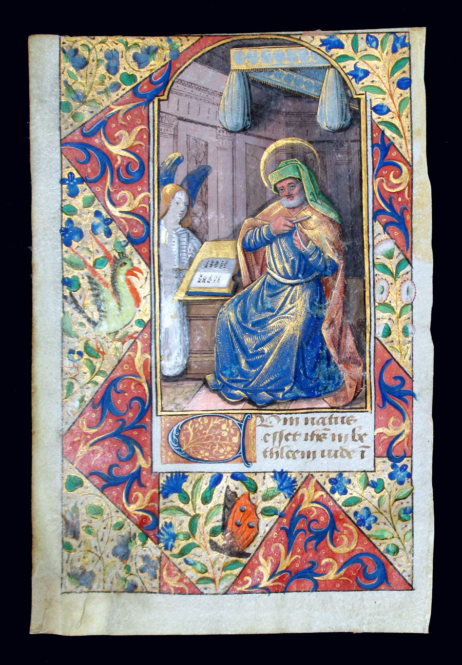 c 1480-1500 Book of Hours Leaf - Matthew Writing Gospel