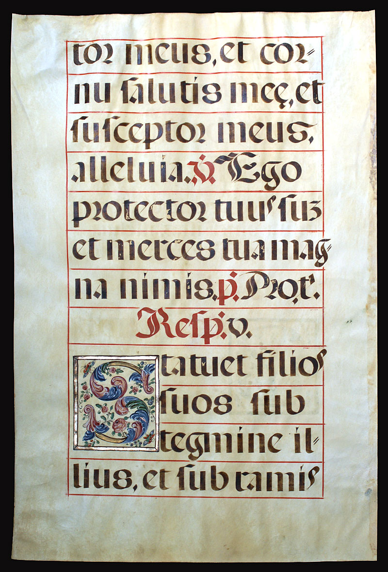c 1550 Gregorian chant leaf - initials w peacock and butterflies