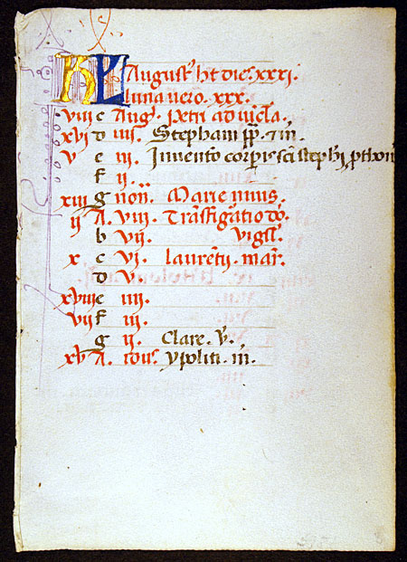Book of Hours Calendar Leaf for August, c. 1470