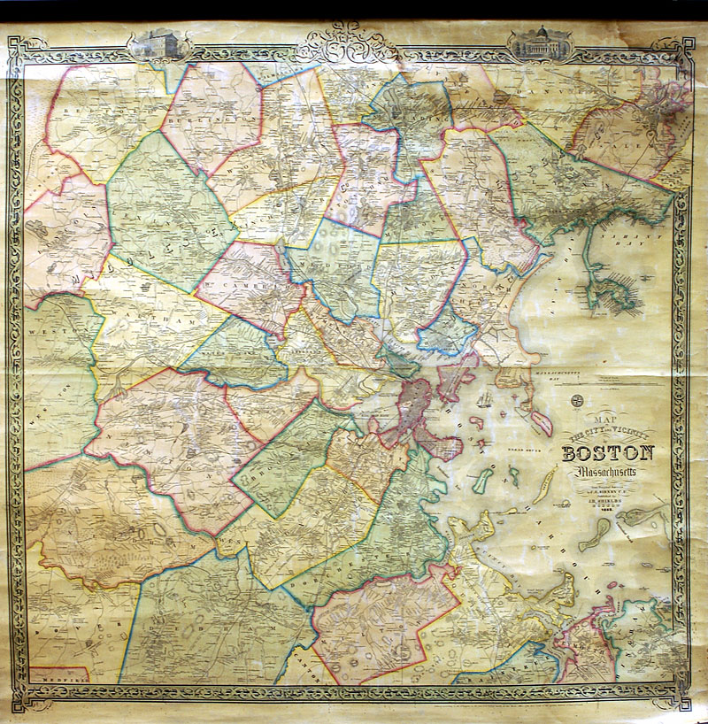 c 1852 Wall Map of the City & Vicinity of Boston - J B Shields
