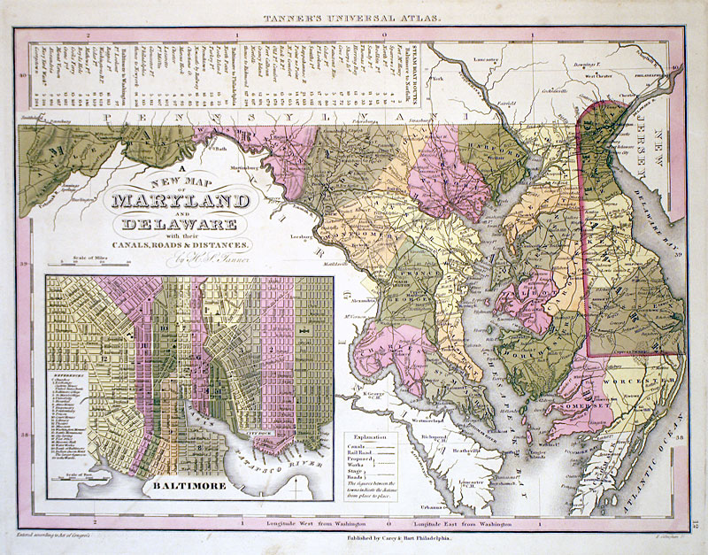 ''A New Map of Maryland and Delaware...'' c 1841 - Tanner