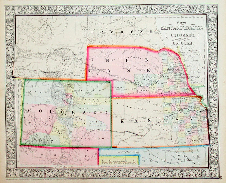 c 1866 Territories of NE, CO, Dacotah & New State of KS