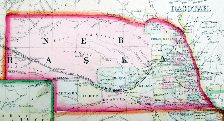 c 1866 Territories of NE, CO, Dacotah & New State of KS